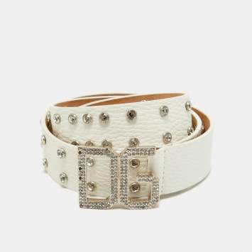 Pre Owned Dolce & Gabbana White Leather Crystals Embellished Logo Buckle Belt 85CM
