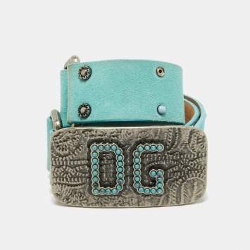 Pre Owned Dolce and Gabbana Turquoise Suede Studded DG Logo Plague Belt 80CM