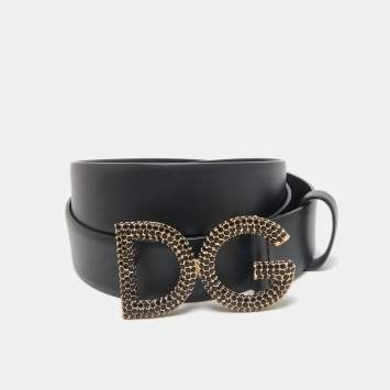 Pre Owned Dolce & Gabbana Black Leather Crystal Embellished DG Buckle Belt 110 CM