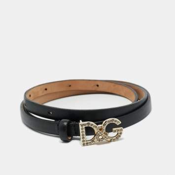 Pre Owned Dolce & Gabbana Black Leather DG Crystals Waist Belt 75CM