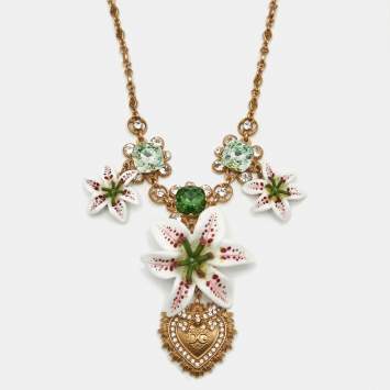 Dolce & Gabbana Lily Floral Devotion Faux Pearl Resin Crystal Gold Tone Pendant Necklace
