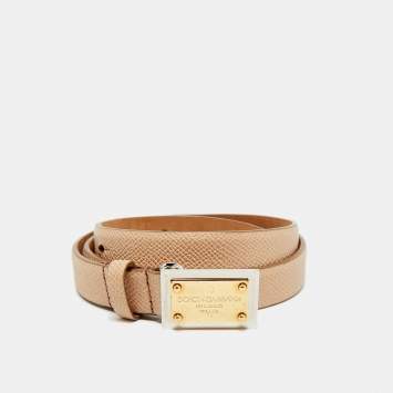 Pre Owned Dolce & Gabbana Beige Leather Logo Plaque Slim Belt 75 CM