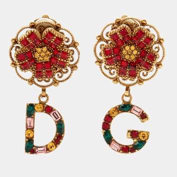 Pre Owned Dolce & Gabbana Logo Crystals Gold Tone Earrings