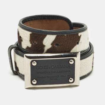 Pre Owned Dolce & Gabbana 85CM Logo Plague Waist Belt Brown Printed Calfhair