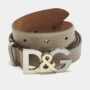 Pre Owned Dolce & Gabbana DG Logo 95 CM Waist Belt Grey Leather