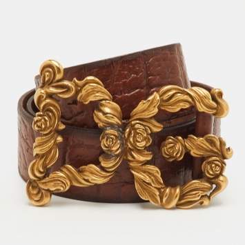 Pre Owned Dolce & Gabbana DG Baroque Logo 95CM Belt Brown Leather