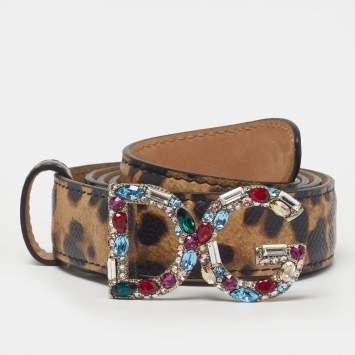 Pre Owned Dolce & Gabbana DG Crystal Logo 85 CM Buckle Belt Brow/Black Leopard Print Coated Canvas