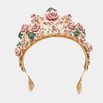 مملوكة مسبقًا Dolce and Gabbana Floral Crystal Embedded Gold Tone Tiara