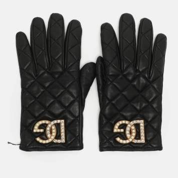 Pre Owned Dolce & Gabbana DG Logo Size 7 Gloves Black Leather