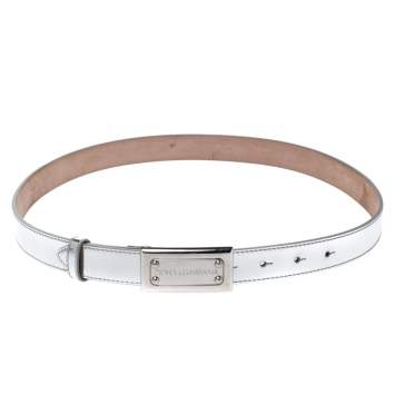 Pre Owned Dolce & Gabbana Metallic Silver Leather Logo Plaque Belt 85CM