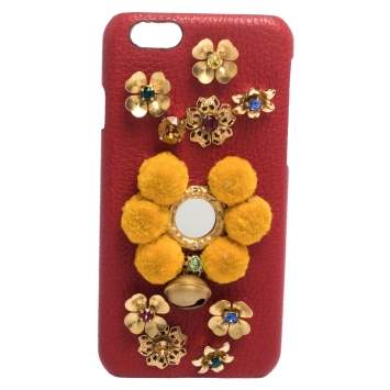 Pre Owned Dolce & Gabbana Red/Mustard Embellished Leather iPhone 6 Case