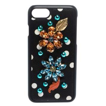 Pre Owned Dolce & Gabbana Black/White Polka Dots Leather Crystal Embellished iPhone 7 Case