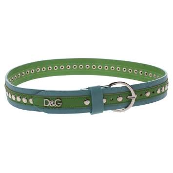 Pre Owned Dolce & Gabbana Green/Blue Leather Riveted Belt 80CM