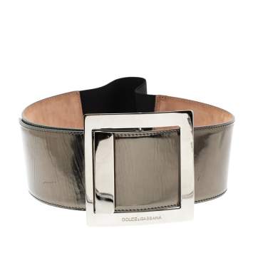 Pre Owned Dolce & Gabbana Gunmetal Laminated Leather Elastic Wide Waist Belt 90CM