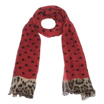 Pre Owned Dolce & Gabbana Red & Black Polka Dot Crinkled Chiffon Scarf