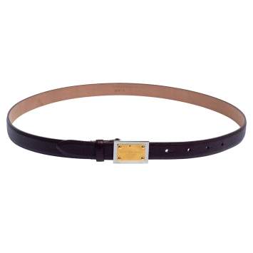 Pre Owned Dolce & Gabbana Plum Grained Leather Logo Plaque Buckle Belt 90CM