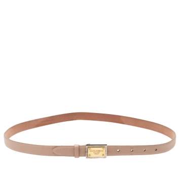 Pre Owned Dolce & Gabbana Beige Grained Leather Logo Plaque Belt 95CM