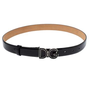 Pre Owned Dolce & Gabbana Black Patent Leather DG Buckle Belt Size 75 CM