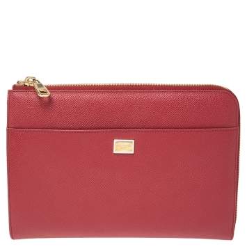 Pre Owned Dolce & Gabbana Red Grained Leather Zip iPad Case