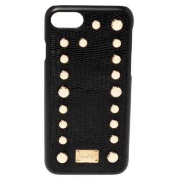 Pre Owned Dolce & Gabbana Black Lizard Embossed Leather Studded iPhone 7 Cover