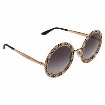 Pre Owned Dolce & Gabbana Gold Gradient Mambo Capri DG2170 Jewel Embellished Round Sunglasses