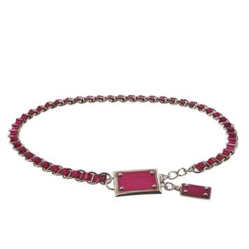 Pre Owned Dolce & Gabbana Fuchsia Leather Logo Plaque Chain Belt 85CM