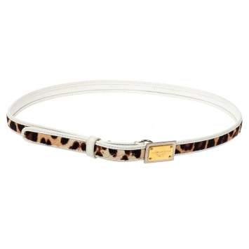 Pre Owned Dolce & Gabbana White Leather and Animal Print Calf Hair Narrow Belt 85CM