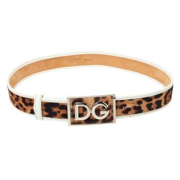 Pre Owned Dolce & Gabbana Brown/White Animal Print Calf Hair and Leather Trim Belt Size 80CM