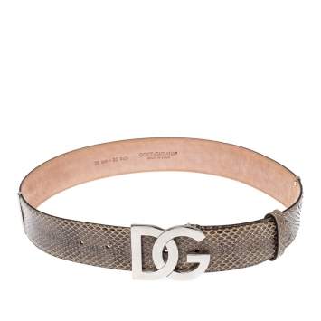 Pre Owned Dolce & Gabbana Brown/Yellow Snakeskin and Patent Leather Logo Belt 75CM