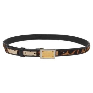 Pre Owned Dolce & Gabbana Brown/Black Calf Hair and Leather Trim Animal Print Narrow Belt 85CM