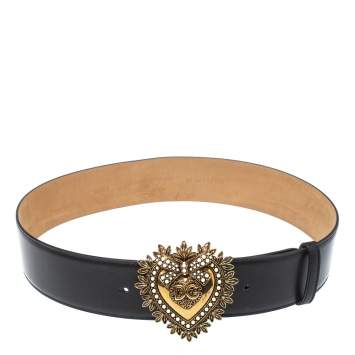 Pre Owned Dolce & Gabbana Black Leather Devotion Heart Buckle Belt 80cm