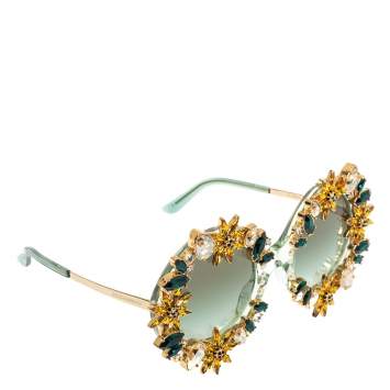 Pre Owned Dolce & Gabbana Crystal Embellished Sunflower/ Green Gradient DG 4369 B-H Round Sunglasses