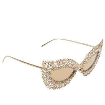 Pre Owned Dolce & Gabbana Gold & Pearl Lace Filigree / Gold Mirrored DG 2238-H Cat Eye Sunglasses