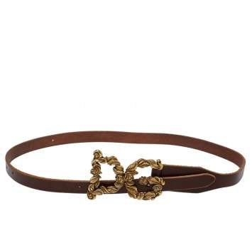 Pre Owned Dolce and Gabbana Brown Leather Baroque Logo Buckle Belt 105 cm