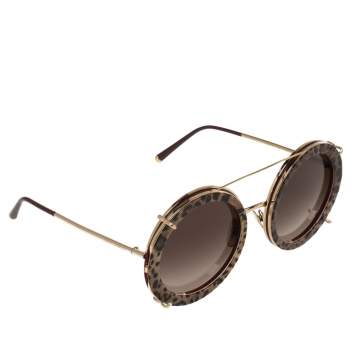 Pre Owned Dolce & Gabbana Brown Leopard Print DG2198 Gradient Round Sunglasses
