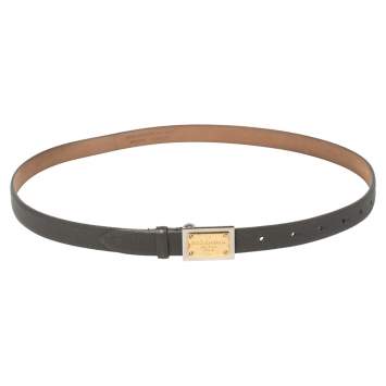 Pre Owned Dolce & Gabbana Dark Grey Dauphine Leather Logo Plague Slim Belt 90CM