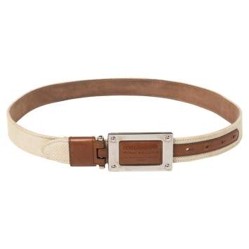 Pre Owned Dolce & Gabbana Woven Canvas Logo Plaque Buckle Belt