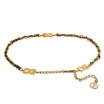 Pre Owned Dolce & Gabbana Metallic Gold Interlaced Leather Gold Tone Chain Belt 105CM
