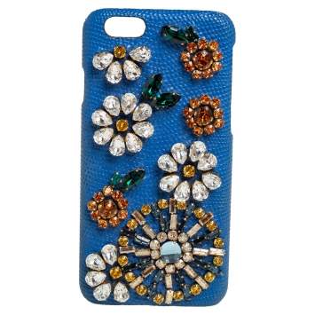 Pre Owned Dolce & Gabbana Blue Leather Crystal Embellished iPhone 6 Case