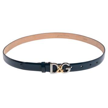 Pre Owned Dolce & Gabbana Blue Patent Leather D&G Logo Slim Belt 85 CM