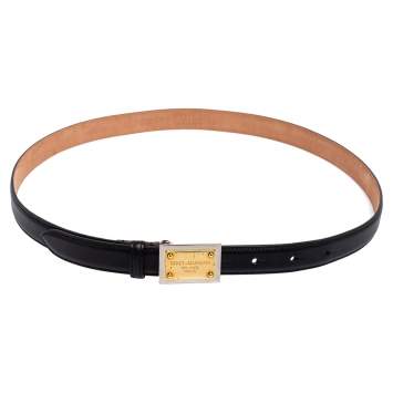 Pre Owned Dolce & Gabbana Black Leather Logo Plaque Slim Belt 85 CM