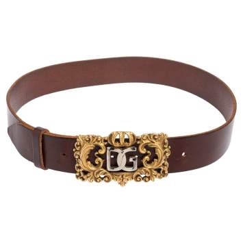 Pre Owned Dolce & Gabbana Dark Brown Leather Metal Baroque Logo Belt 90CM