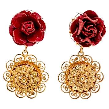 Pre Owned Dolce & Gabbana Red Floral Leather Sacred Heart Drop Earrings