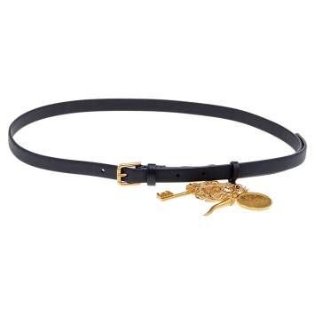 Pre Owned Dolce & Gabbana Black Leather Padlock Key Charm Slim Belt Size 85CM