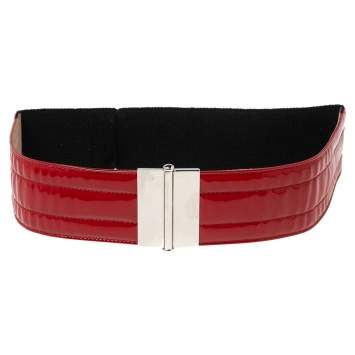 Pre Owned Dolce & Gabbana Red/Black Patent Leather and Elastic Waist Belt 85CM