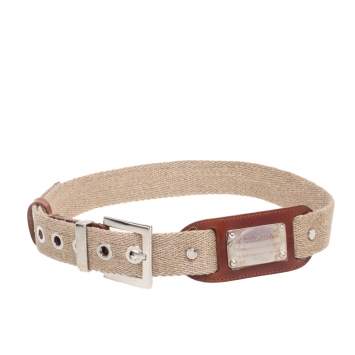 Pre Owned Dolce & Gabbana Beige Canvas and Leather Plaque Detail Waist Belt 75CM