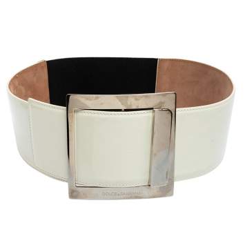 Pre Owned Dolce & Gabbana White/Black Patent Leather and Elastic Band Buckle Waist Belt 90CM
