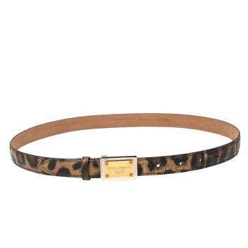 Pre Owned Dolce & Gabbana Brown/Black Leopard Print Coated Canvas Logo Plague Belt 80CM