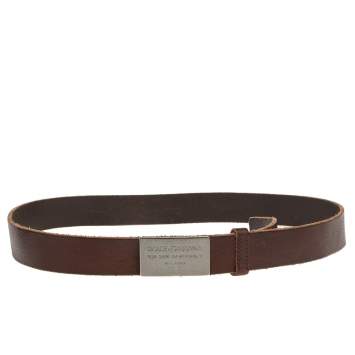 Pre Owned Dolce & Gabbana Brown Leather Metal Logo Plaque Belt 95CM