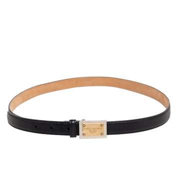 Pre Owned Dolce & Gabbana Black Leather Logo Plaque Belt 90CM
